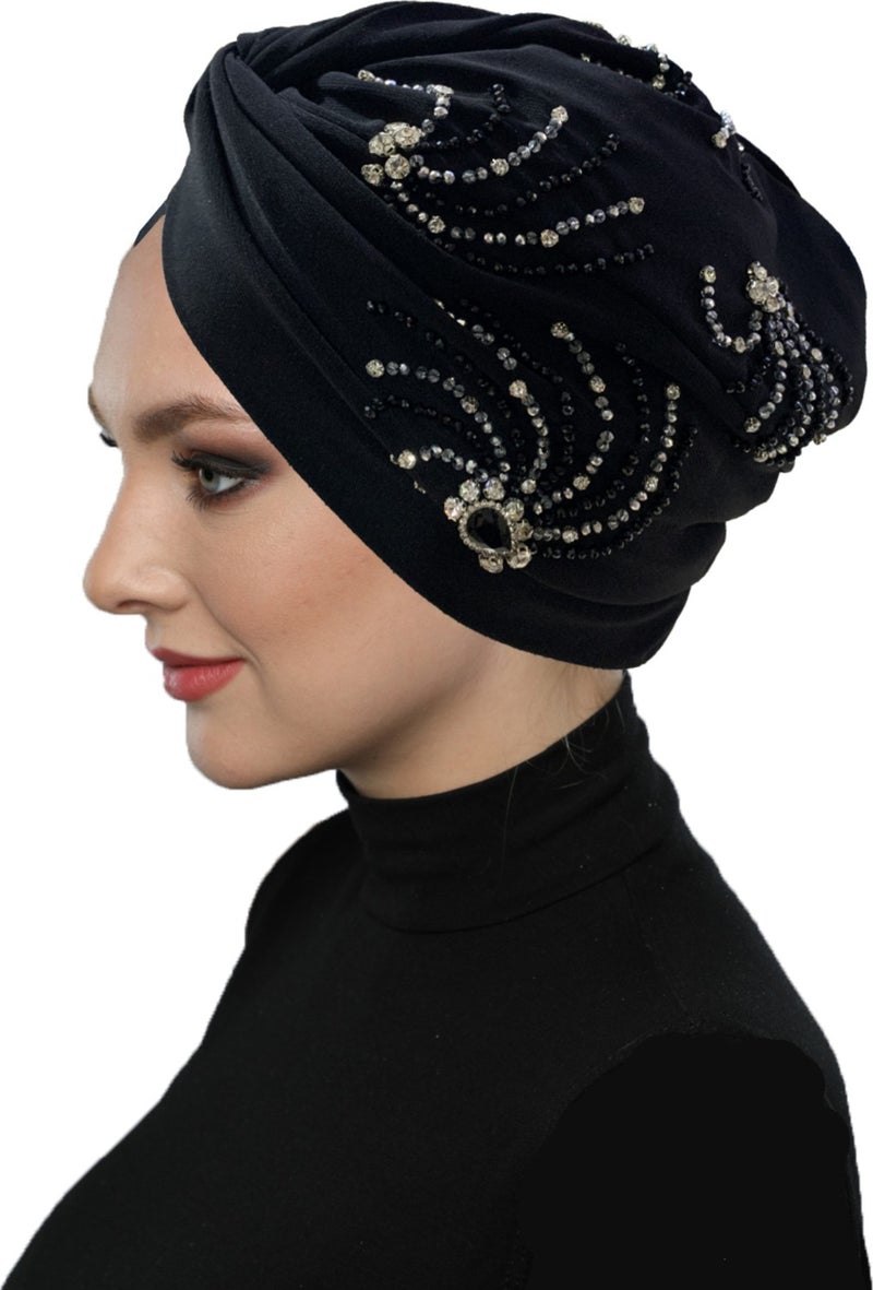 Fidan Bone Shining Hand Embroidered Black-Silver Wheel Patterned Lined Ready-made Hijab Hijab Evening Dress Bone - Image 5