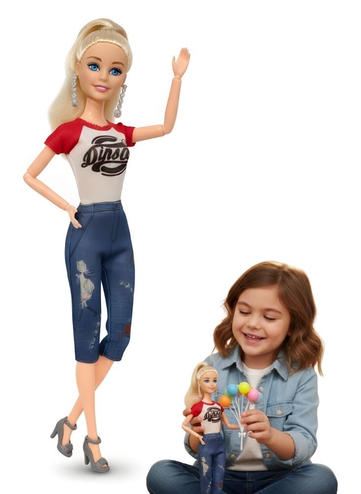 بريميم دمية باربي شقراء أنيقة للبنات - دمية باربي ترتدي بلوزة ديناصور وبنطال جينز، دمية لعب للأطفال مع إكسسوارات، مناسبة للعب الأدوار، هدية رائعة، ومجموعة مميزة - Image 1