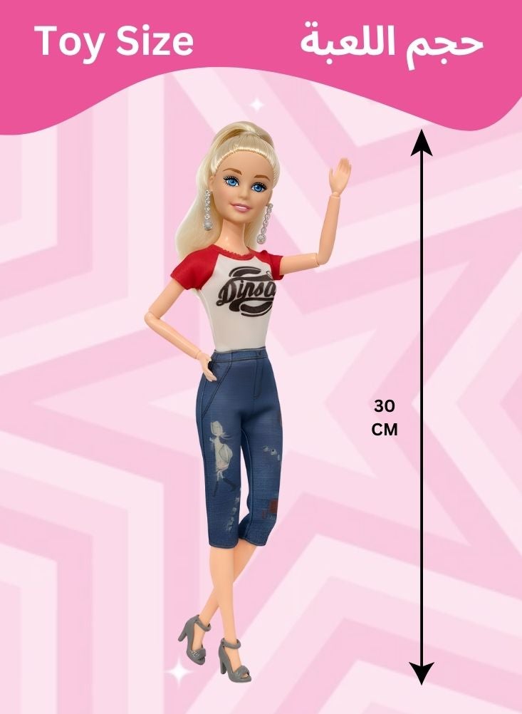 بريميم دمية باربي شقراء أنيقة للبنات - دمية باربي ترتدي بلوزة ديناصور وبنطال جينز، دمية لعب للأطفال مع إكسسوارات، مناسبة للعب الأدوار، هدية رائعة، ومجموعة مميزة - Image 5