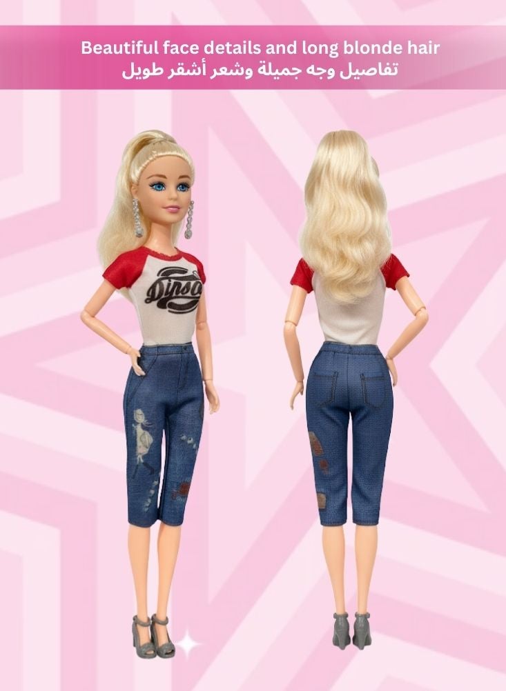 بريميم دمية باربي شقراء أنيقة للبنات - دمية باربي ترتدي بلوزة ديناصور وبنطال جينز، دمية لعب للأطفال مع إكسسوارات، مناسبة للعب الأدوار، هدية رائعة، ومجموعة مميزة - Image 3