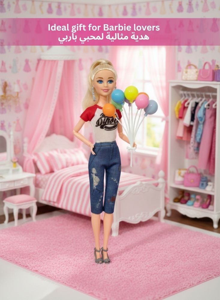 بريميم دمية باربي شقراء أنيقة للبنات - دمية باربي ترتدي بلوزة ديناصور وبنطال جينز، دمية لعب للأطفال مع إكسسوارات، مناسبة للعب الأدوار، هدية رائعة، ومجموعة مميزة - Image 2