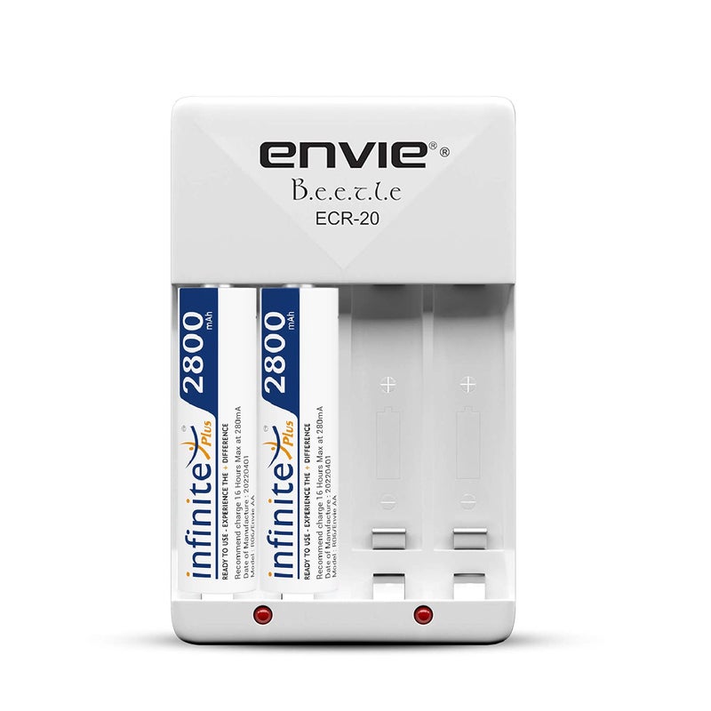 ENVIE High Speed Wall Plug Charger ECR 20 for AA & AAA Ni-mh/Ni-cd Rechargeable Batteries | 2000MA Output Current | with 2 AA2800 Ni-mh Batteries (ECR2028002PL) - Image 2
