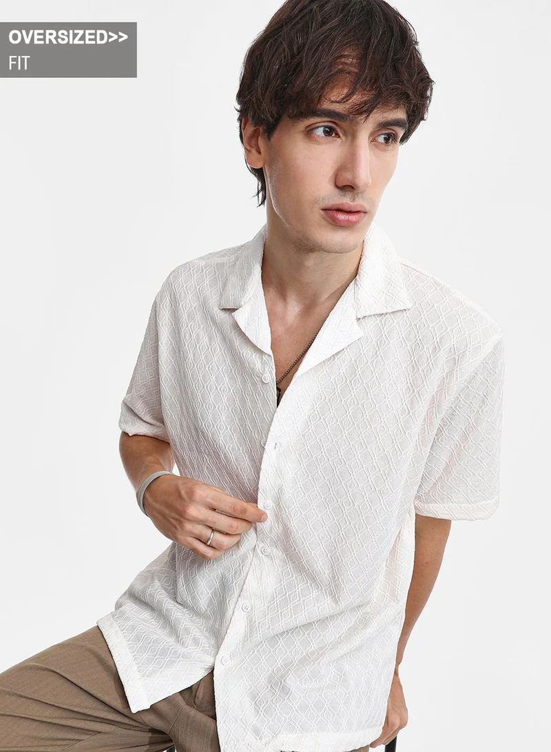 كامبوس سوترا Men's Powder White Rhombus-Texture Oversized Shirt