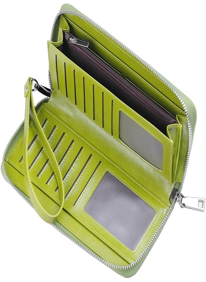 JEEBURYEE Women's RFID Blocking Large Capacity Luxury Oil Wax Genuine Leather Zip Around Wristlet Wallet Clutch Multi Card Holder Ladies Purse Green - Image 4