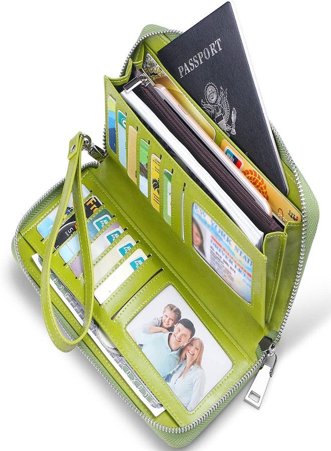 JEEBURYEE Women's RFID Blocking Large Capacity Luxury Oil Wax Genuine Leather Zip Around Wristlet Wallet Clutch Multi Card Holder Ladies Purse Green - Image 2