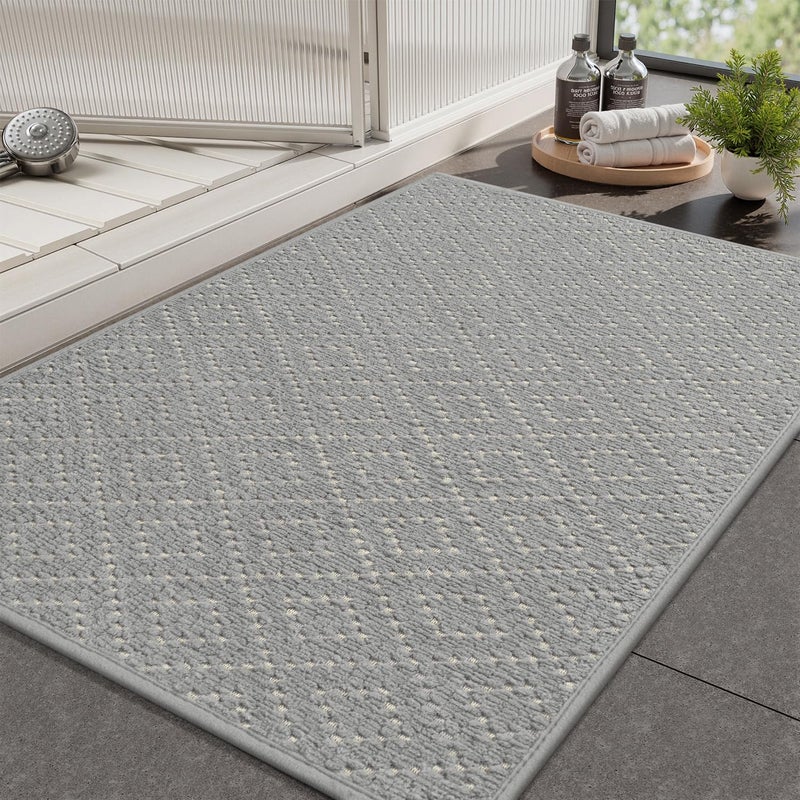 AMOAMI Thin Bath Mat, Super Absorbent Bath Mats for Bathroom, Quick Dry Rubber Backed Bath Rug Non Slip, Chenille Surface Thin Bathroom Rugs Fit Under Door,Low Pile Shower Rug,Grey,17" x 28" - Image 1