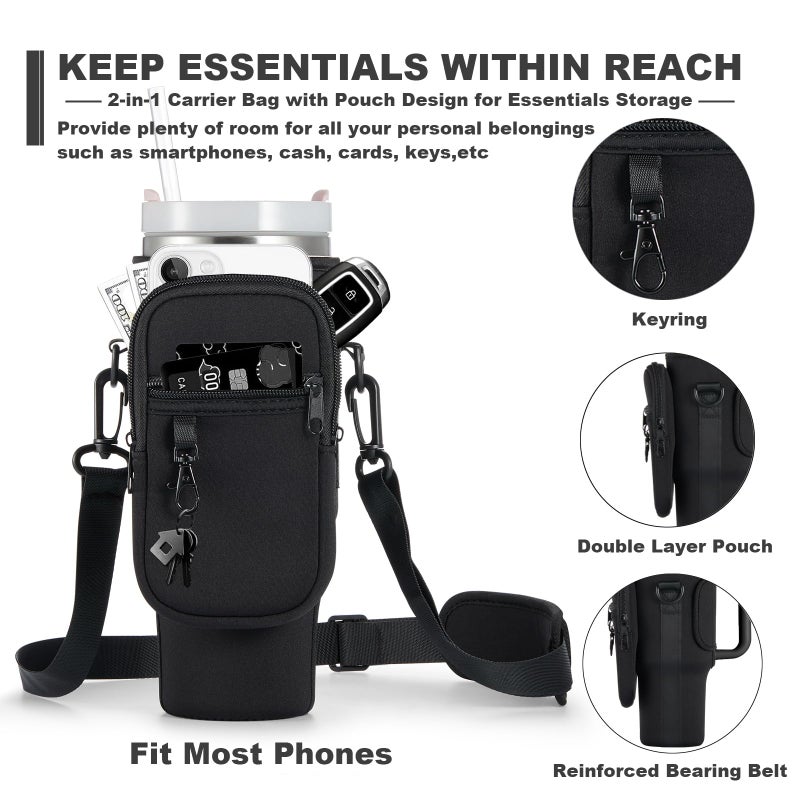 BULKITEM Water Bottle Carrier Bag with Phone Pocket for Black Stanley 40 oz Tumbler with Handle, Black Insulated Neoprene Cup Holder Pouch Strap for Valentines Stanley Cup Accessories - Image 3