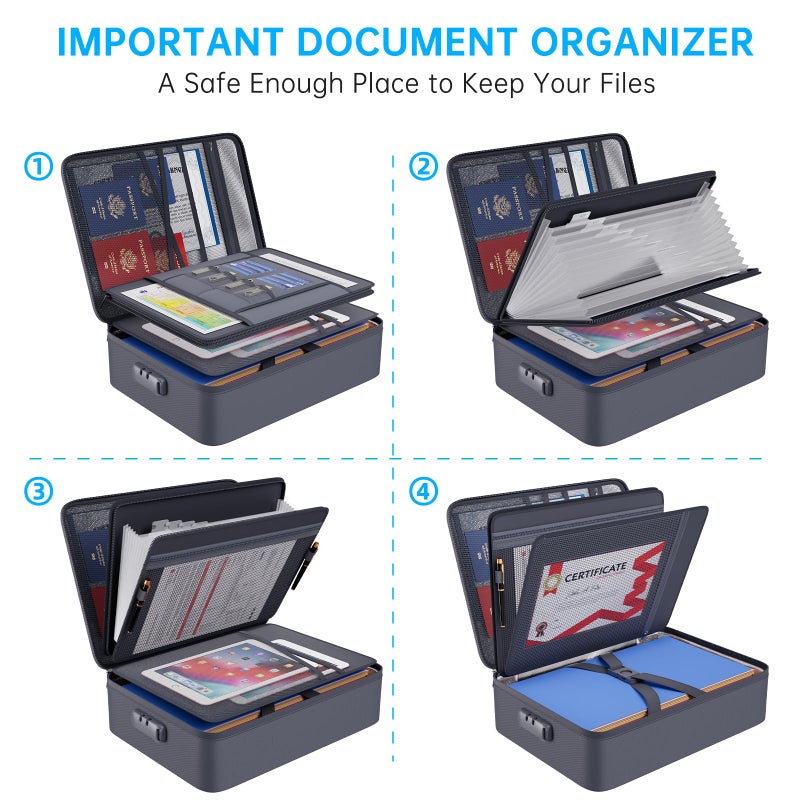ENGPOW 5200â„‰ Fireproof File Organizer Bag with 13 Pocket Accordion File Folder,Document Organizer Box with Lock&Labels,Multi-Layer Portable Home Travel Safe Storage Box for Important Documents,Gray - Image 4
