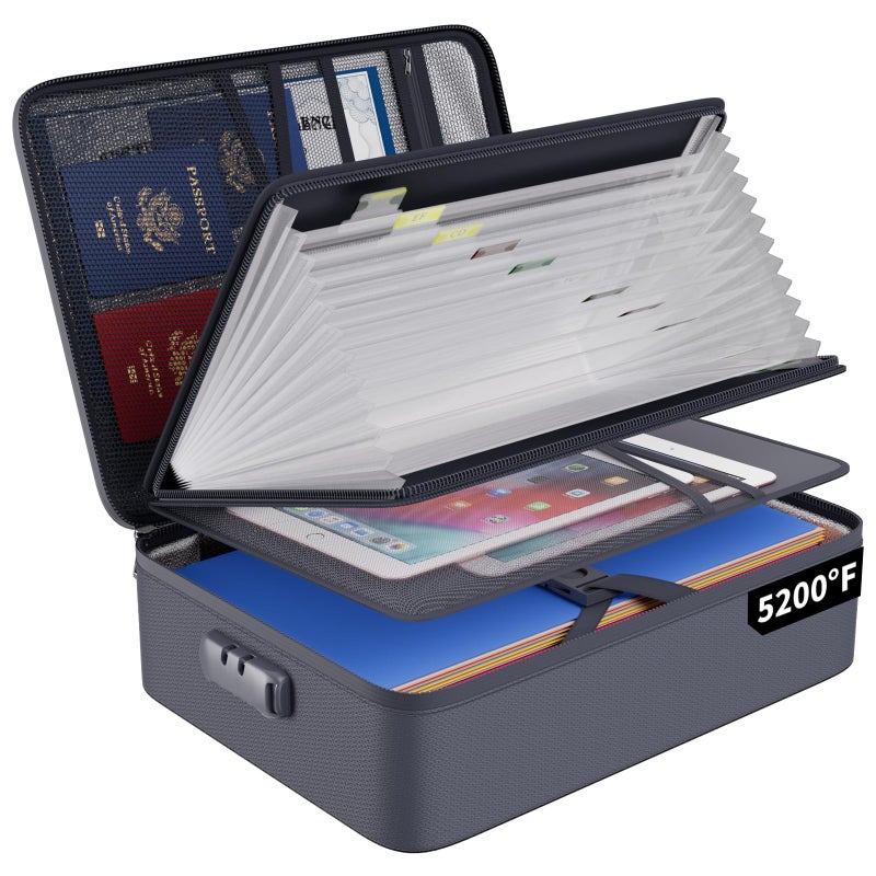 ENGPOW 5200â„‰ Fireproof File Organizer Bag with 13 Pocket Accordion File Folder,Document Organizer Box with Lock&Labels,Multi-Layer Portable Home Travel Safe Storage Box for Important Documents,Gray - Image 1