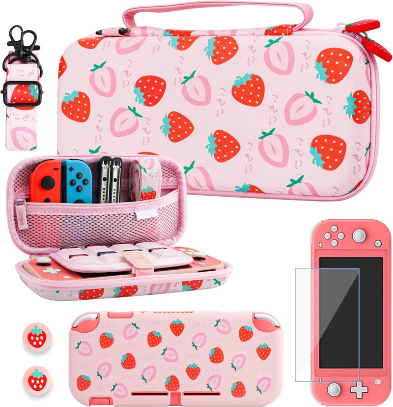 حقيبة حمل RHOTALL لجهاز Nintendo Switch Lite، مجموعة إكسسوارات غطاء حقيبة لطيف لـ Switch Lite مع غلاف واقي من TPU، حزام كتف قابل للتعديل، واقي شاشة وقبعتين للإبهام - فراولة - Image 1