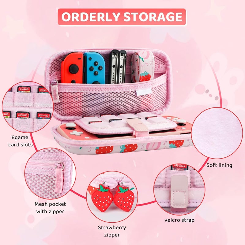 حقيبة حمل RHOTALL لجهاز Nintendo Switch Lite، مجموعة إكسسوارات غطاء حقيبة لطيف لـ Switch Lite مع غلاف واقي من TPU، حزام كتف قابل للتعديل، واقي شاشة وقبعتين للإبهام - فراولة - Image 2
