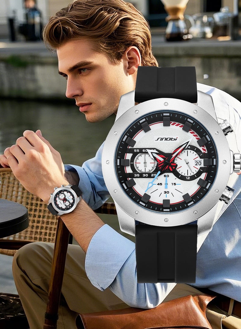 سينوبي ساعة رجالية ذات وجه كبيرة بحزام مطاطي - كرونوغراف، كوارتز تناظري، مقاومة للماء، تقويم متعدد الوظائف، إضاءة ليلية، مثالية للعمل والمناسبات الرسمية والرياضية - Image 1