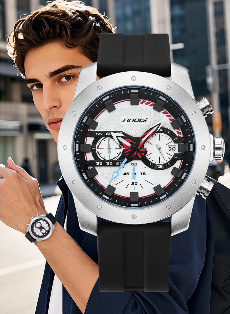 سينوبي ساعة رجالية ذات وجه كبيرة بحزام مطاطي - كرونوغراف، كوارتز تناظري، مقاومة للماء، تقويم متعدد الوظائف، إضاءة ليلية، مثالية للعمل والمناسبات الرسمية والرياضية - Image 2