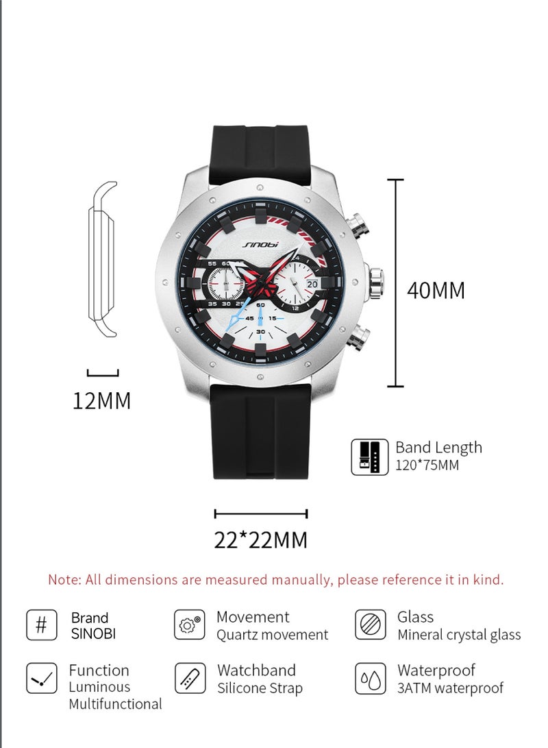 سينوبي ساعة رجالية ذات وجه كبيرة بحزام مطاطي - كرونوغراف، كوارتز تناظري، مقاومة للماء، تقويم متعدد الوظائف، إضاءة ليلية، مثالية للعمل والمناسبات الرسمية والرياضية - Image 4