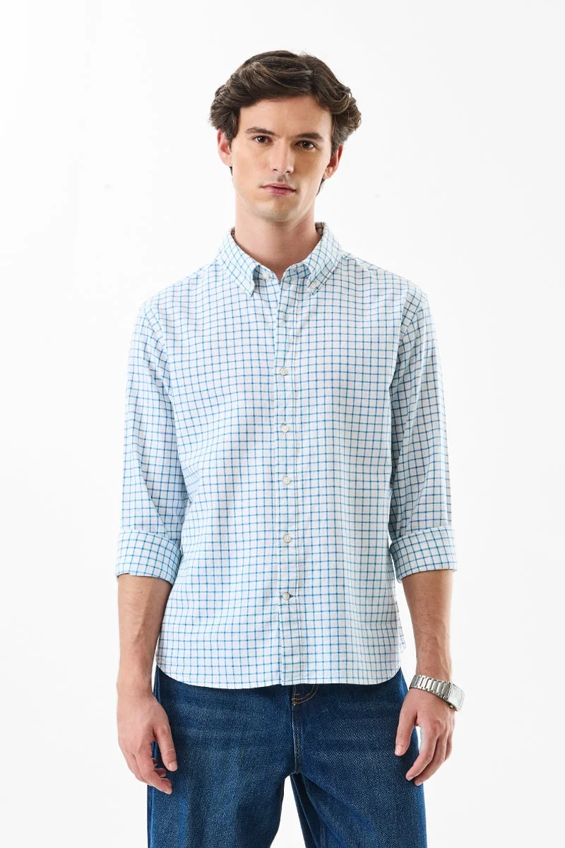 سنيتش قميص مختبر أساسي كاروهات بنصف قطن وكتان بمقاس عادي