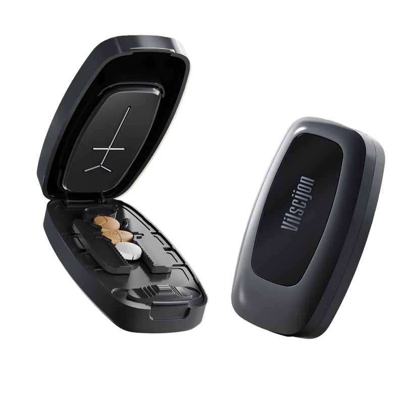 Hafigigi Pill Cutter Splitter for Small and Tiny Pills - Pill Cutter 1/4 - Accurately Cuts Multiple Pills - Easy Open Snap Button. Detachable Nonslip V-Shaped Pad. Wrap-Around Blade Guard. Back Storage (Black) - Image 1