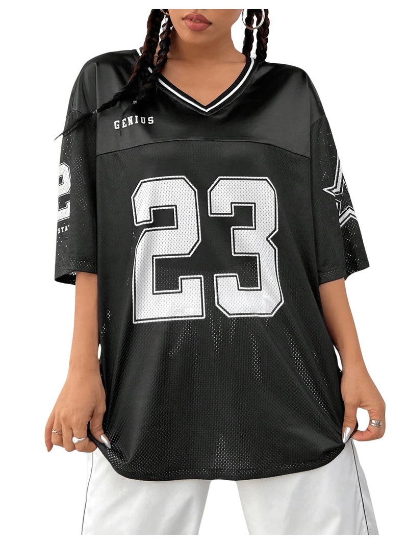 Verdusa Jersey Shirts for Women Y2K Graphic Tees Streetwear Oversized Tshirts V Neck Football Jersey Black Large - Image 1