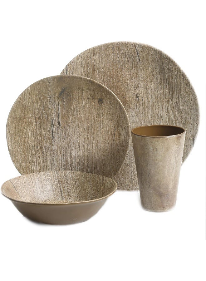 Gibson Home Woodlands Round Melamine Plastic Dinnerware Set, Service for Four (16pcs), Wood - Image 2