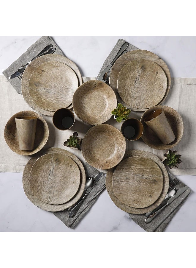 Gibson Home Woodlands Round Melamine Plastic Dinnerware Set, Service for Four (16pcs), Wood - Image 4