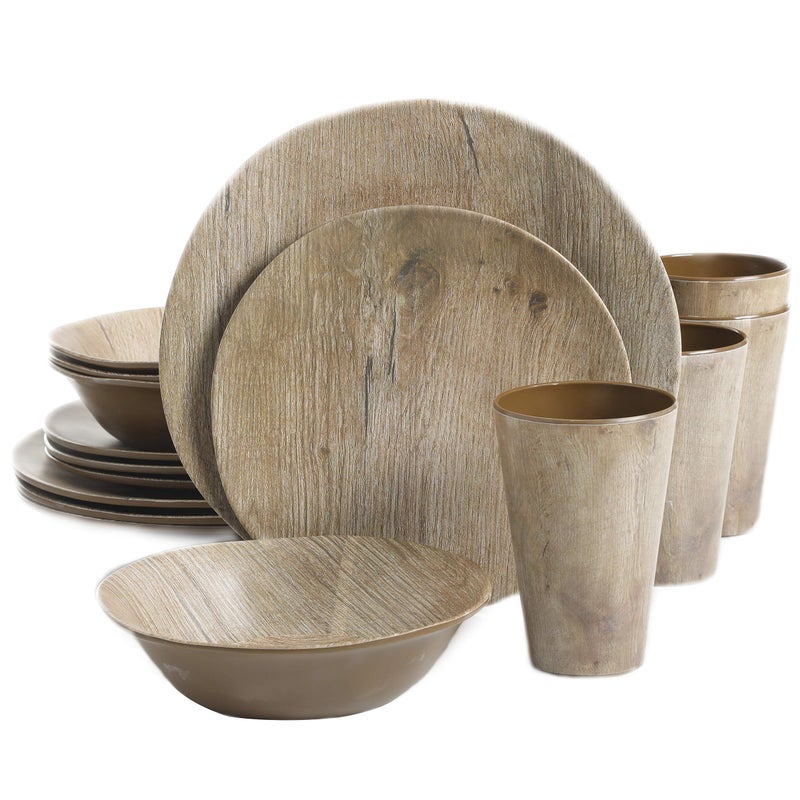 Gibson Home Woodlands Round Melamine Plastic Dinnerware Set, Service for Four (16pcs), Wood - Image 1