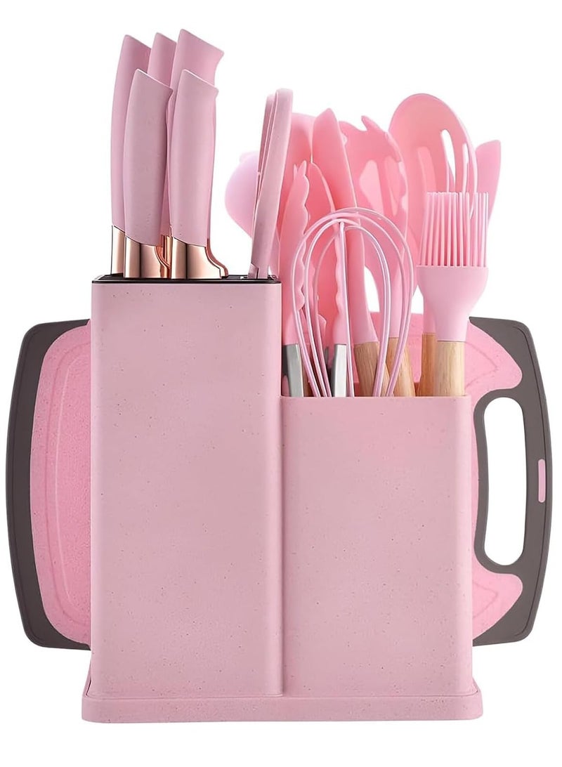 Bukela 19 Kitchen Set Utensils Set with 11 Pieces Spatula Cooking Utensils,Heat Resistant Silicone Utensils 6 Piece Sharp Knife Set 2 Pieces Utensil Cutting Board (Pink) - Image 1