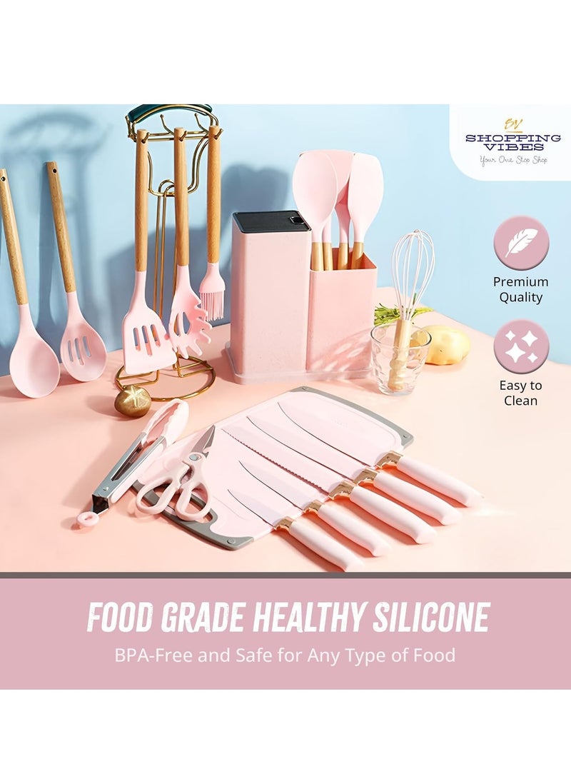 Bukela 19 Kitchen Set Utensils Set with 11 Pieces Spatula Cooking Utensils,Heat Resistant Silicone Utensils 6 Piece Sharp Knife Set 2 Pieces Utensil Cutting Board (Pink) - Image 2