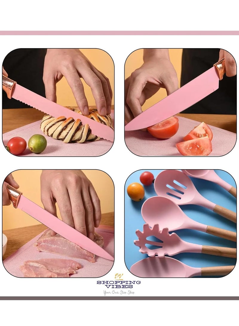 Bukela 19 Kitchen Set Utensils Set with 11 Pieces Spatula Cooking Utensils,Heat Resistant Silicone Utensils 6 Piece Sharp Knife Set 2 Pieces Utensil Cutting Board (Pink) - Image 4