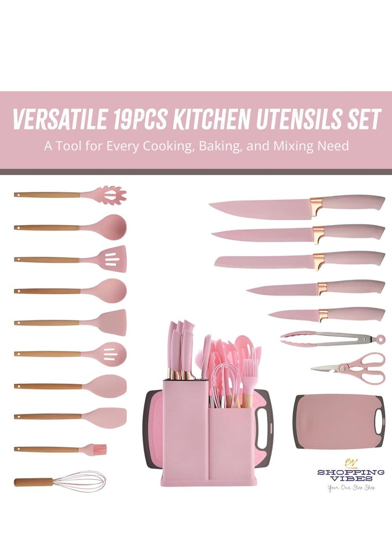 Bukela 19 Kitchen Set Utensils Set with 11 Pieces Spatula Cooking Utensils,Heat Resistant Silicone Utensils 6 Piece Sharp Knife Set 2 Pieces Utensil Cutting Board (Pink) - Image 5