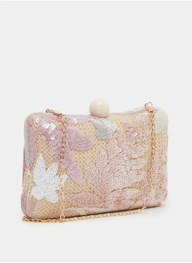 Styli Embellished Sequined Clutch with Chain Strap