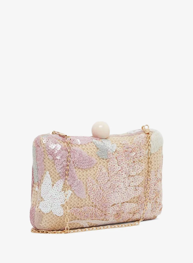 Styli Embellished Sequined Clutch with Chain Strap
