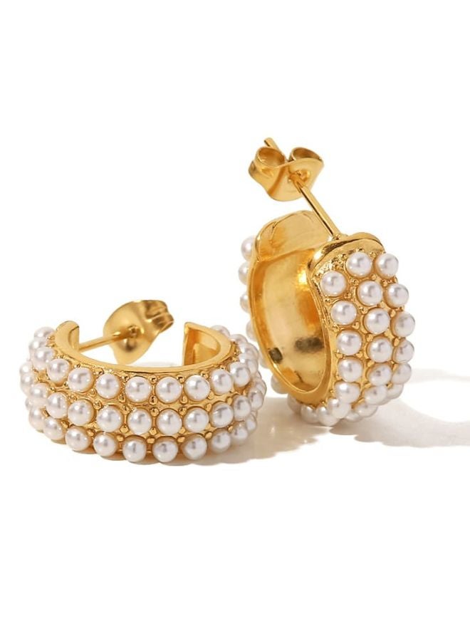 Andaazs Women’s Aura Pearl Geometric Huggie Earrings – 18K Gold-Plated Stainless Steel with Imitation Pearl – Modern Minimalist Studs - Image 4