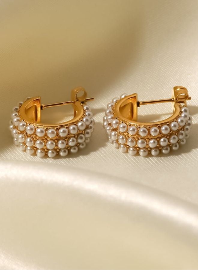 Andaazs Women’s Aura Pearl Geometric Huggie Earrings – 18K Gold-Plated Stainless Steel with Imitation Pearl – Modern Minimalist Studs - Image 2