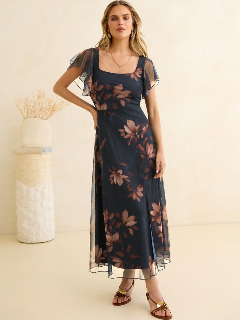 Caracilia Women Square Neck Floral Tulle Wedding Guest Bridemaid Dresses Summer Ruffle Sleeve High Slit Formal Midi Dress Brown Floral Navy Blue S - Image 3