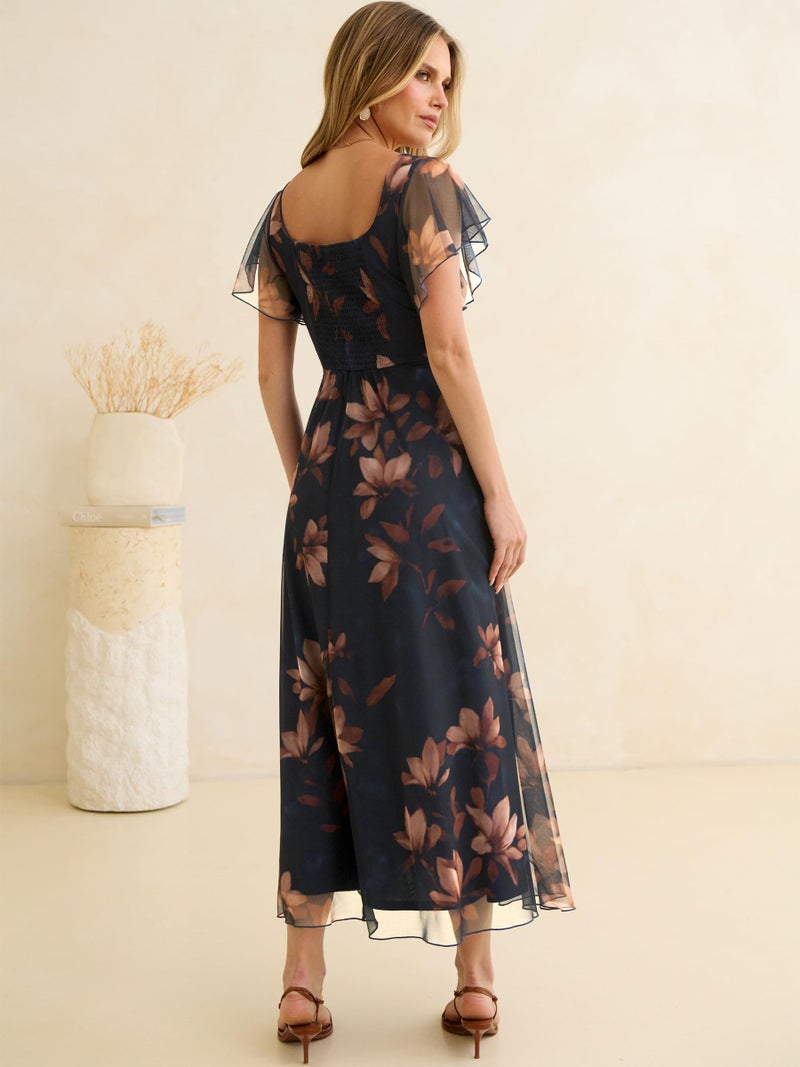 Caracilia Women Square Neck Floral Tulle Wedding Guest Bridemaid Dresses Summer Ruffle Sleeve High Slit Formal Midi Dress Brown Floral Navy Blue S - Image 4