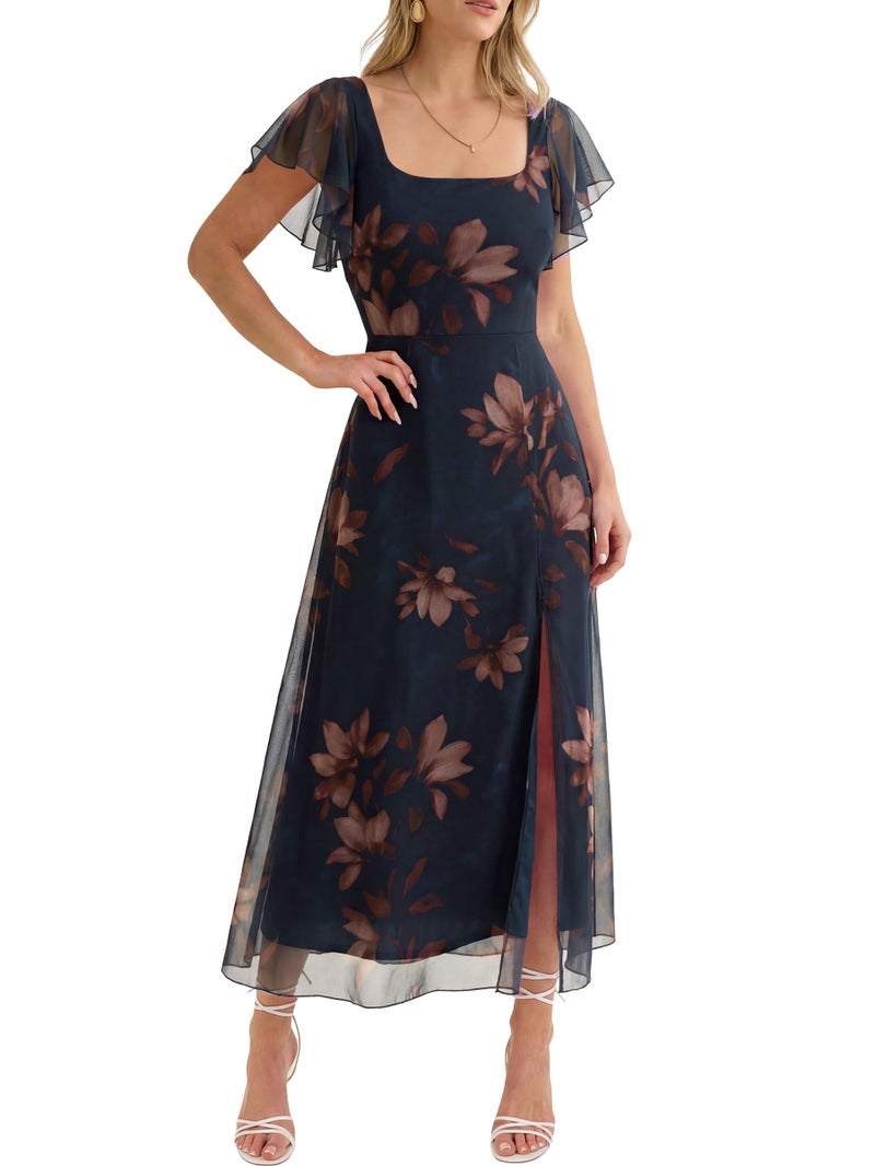 Caracilia Women Square Neck Floral Tulle Wedding Guest Bridemaid Dresses Summer Ruffle Sleeve High Slit Formal Midi Dress Brown Floral Navy Blue S - Image 1