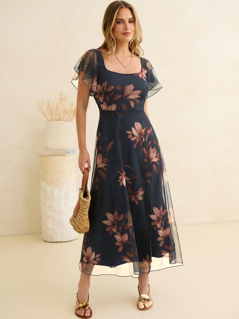 Caracilia Women Square Neck Floral Tulle Wedding Guest Bridemaid Dresses Summer Ruffle Sleeve High Slit Formal Midi Dress Brown Floral Navy Blue S - Image 5