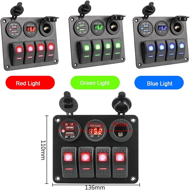 Wivplex 4 Gang Rocker Switch Panel with Digital Voltmeter - Image 2
