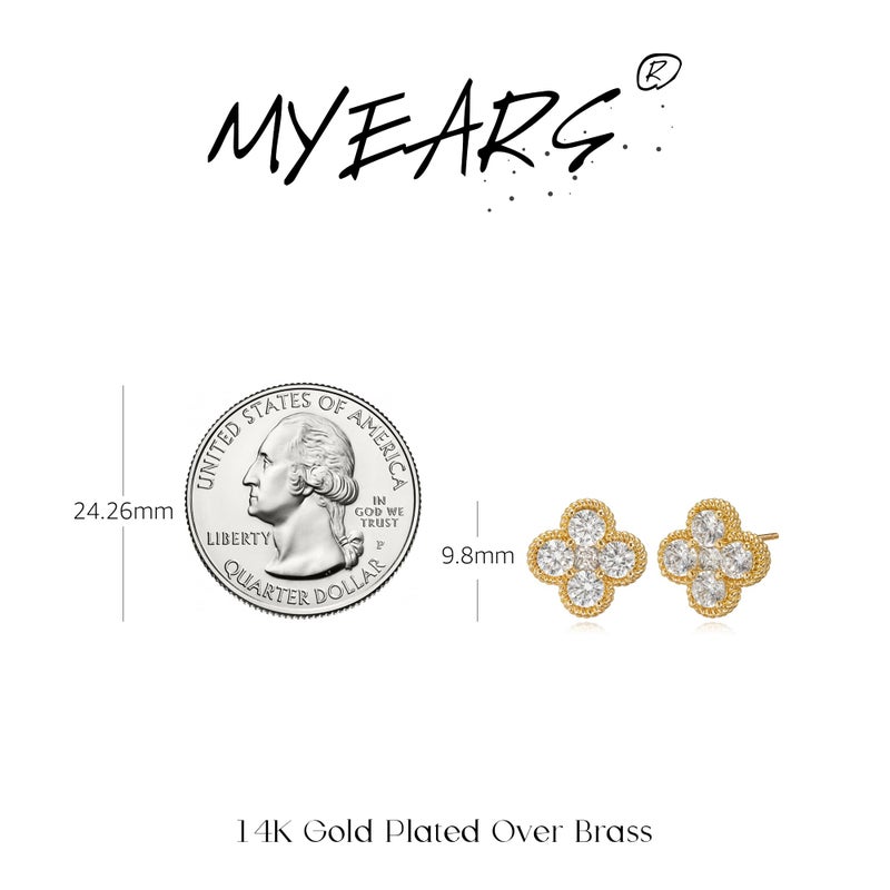 MYEARS Stud Earrings for Women Gold Flower Four-leaf-clover April Birthstone Cubic Zirconia 14K Small Simple Hypoallergenic Birthday Gift Jewelry - Image 4