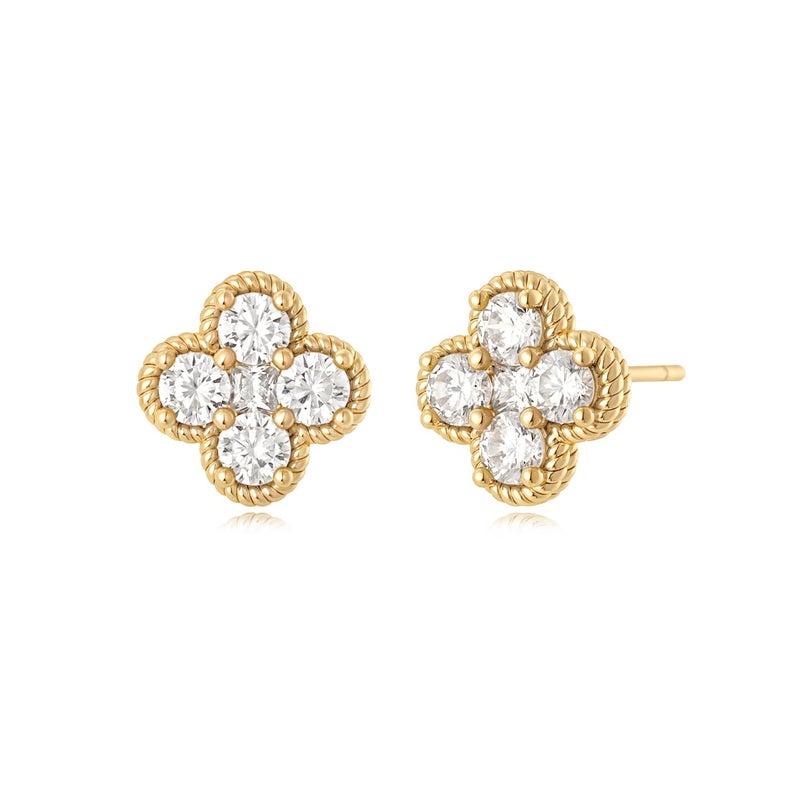 MYEARS Stud Earrings for Women Gold Flower Four-leaf-clover April Birthstone Cubic Zirconia 14K Small Simple Hypoallergenic Birthday Gift Jewelry - Image 1