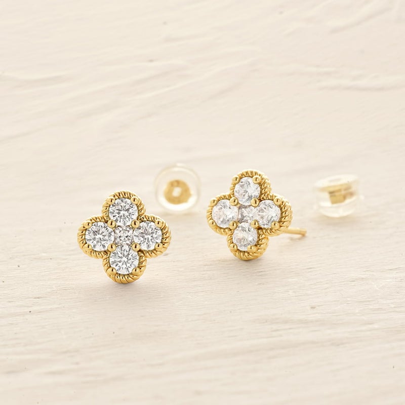 MYEARS Stud Earrings for Women Gold Flower Four-leaf-clover April Birthstone Cubic Zirconia 14K Small Simple Hypoallergenic Birthday Gift Jewelry - Image 5