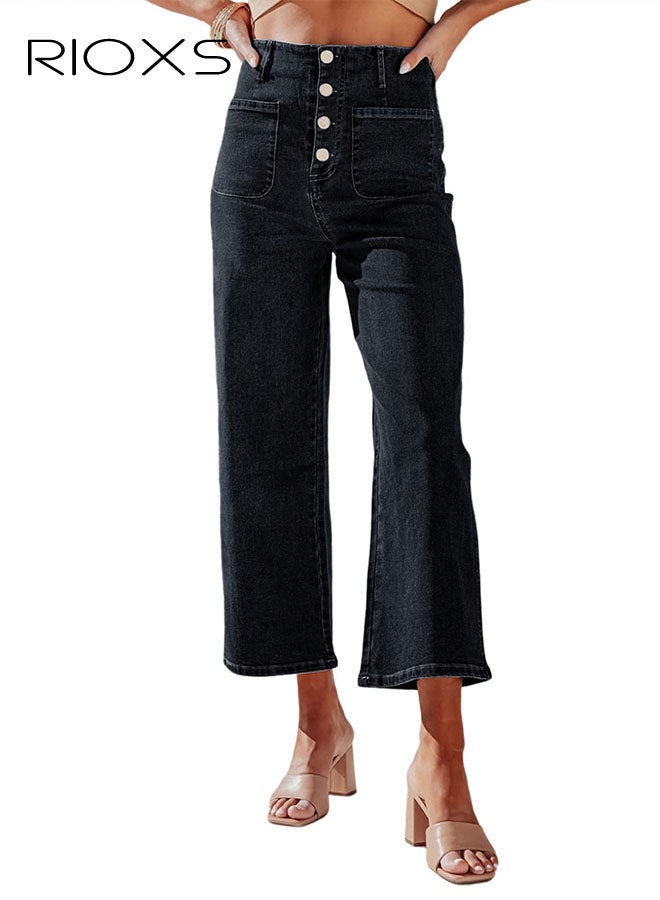 ريوكس سراويل الجينز العريضة للرجلين، سراويل الجينز العريضة للرجلين، سراويل الجينز المزركشة للسيدات، سراويل الجينز المزركشة بالجيوب، جينز تريندي كابري لأعمال التسوق والملابس اليومية، سراويل الجينز المزركشة السوداء - Image 1