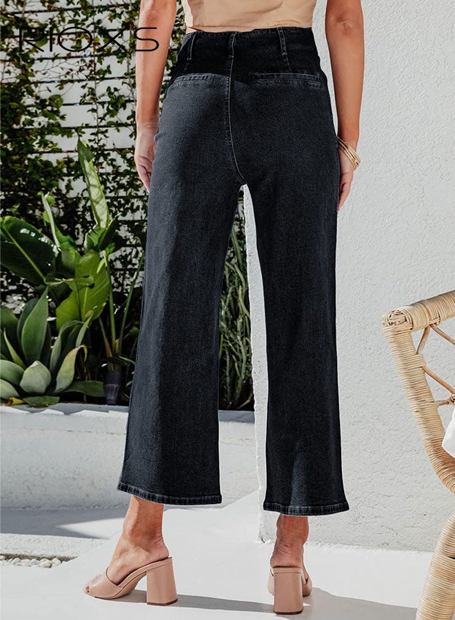 ريوكس سراويل الجينز العريضة للرجلين، سراويل الجينز العريضة للرجلين، سراويل الجينز المزركشة للسيدات، سراويل الجينز المزركشة بالجيوب، جينز تريندي كابري لأعمال التسوق والملابس اليومية، سراويل الجينز المزركشة السوداء - Image 4