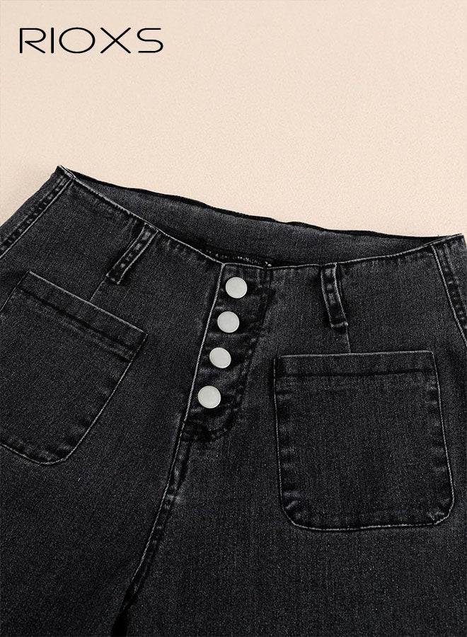 ريوكس سراويل الجينز العريضة للرجلين، سراويل الجينز العريضة للرجلين، سراويل الجينز المزركشة للسيدات، سراويل الجينز المزركشة بالجيوب، جينز تريندي كابري لأعمال التسوق والملابس اليومية، سراويل الجينز المزركشة السوداء - Image 5