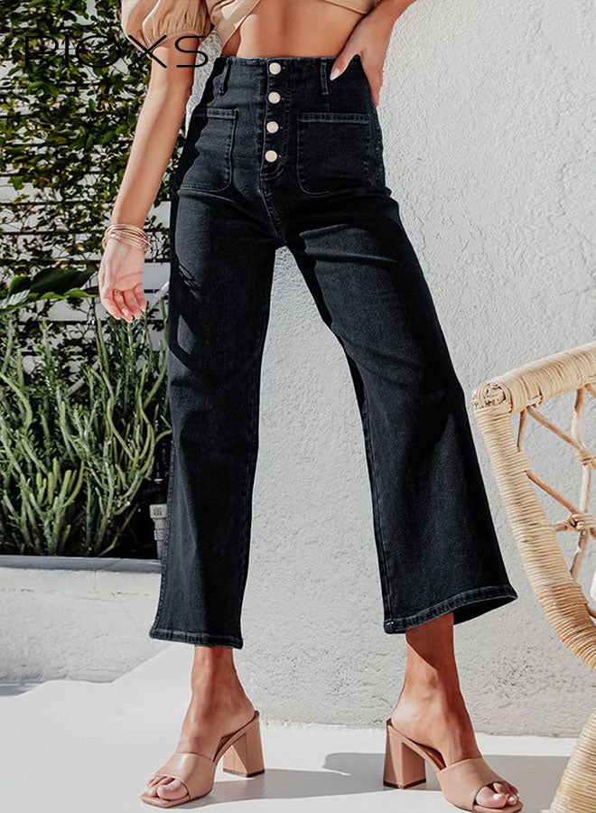 ريوكس سراويل الجينز العريضة للرجلين، سراويل الجينز العريضة للرجلين، سراويل الجينز المزركشة للسيدات، سراويل الجينز المزركشة بالجيوب، جينز تريندي كابري لأعمال التسوق والملابس اليومية، سراويل الجينز المزركشة السوداء - Image 2