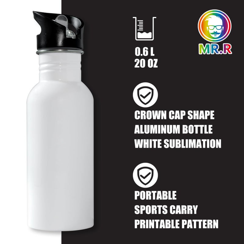 MR.R 20oz Sublimation Blanks White Aluminum Water Bottles,Travel Bottle with Straw Top Lid for Sports,600ml - Image 2