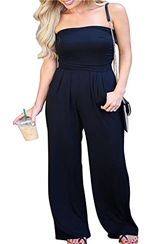 PRIMODA Women's Tube Top Strapless Off Shoulder Loose Wide Leg Jumpsuit Romper With Pockets (Large, Navy) - Image 4