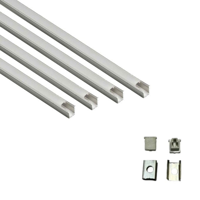 LIGHTING ALUMINUM RECTANGULAR SURFACE LED 1METER PROFILE CHANNELS WITH DIFFUSED COVER END CAPS AND MOUNTING CLIPS FOR LED STRIP LIGHT 07X09MM PACK OF 4