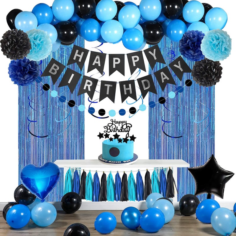 YGBMDZ Blue and Black Happy Birthday Party Decorations kit for Boys Men Women with Happy Birthday Banner Fringe CurtainFoil BalloonsCake Topper for birthday decor blue black - Image 2