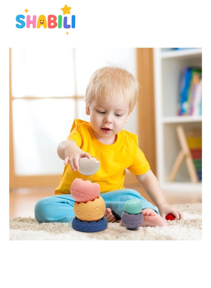 شبيلي العاب اطفال رضع حسية للتكديس من سيليكون ناعم خالٍ من BPA، منتسوري تعليمية لتطوير المهارات الحركية الدقيقة وتعلّم الألوان والأرقام والحروف، لعبة تكديس وكرات للاستحمام وعضاضة للرضع، مناسبة لعمر 6-12 و9-18 شهر، هدية بيبي للبنات والأولاد - Image 5