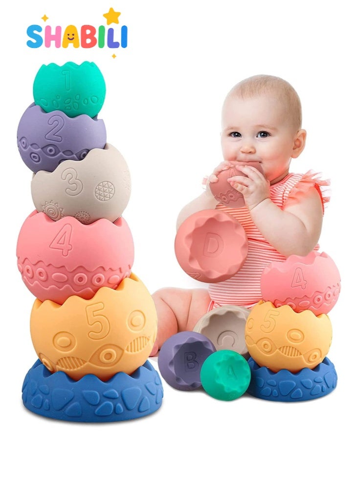 شبيلي العاب اطفال رضع حسية للتكديس من سيليكون ناعم خالٍ من BPA، منتسوري تعليمية لتطوير المهارات الحركية الدقيقة وتعلّم الألوان والأرقام والحروف، لعبة تكديس وكرات للاستحمام وعضاضة للرضع، مناسبة لعمر 6-12 و9-18 شهر، هدية بيبي للبنات والأولاد - Image 1